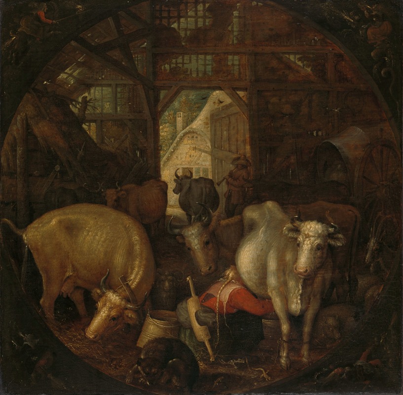 Cows in a stable; witches in the four corners — Roelant Savery