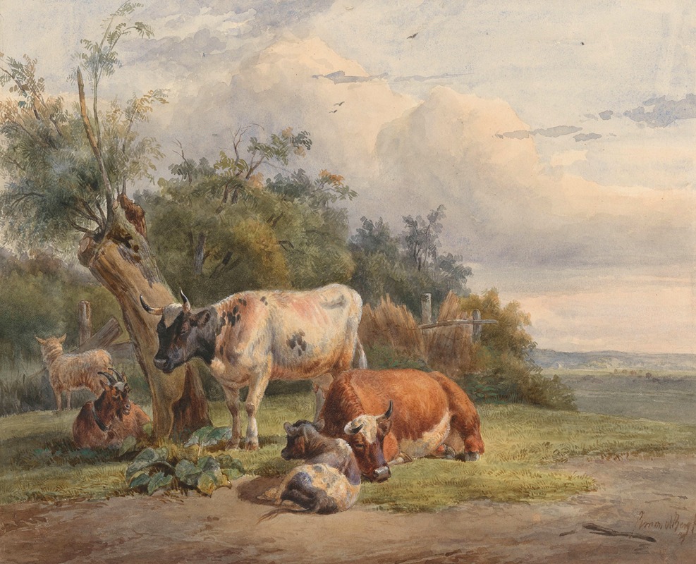 Landschap met vee bij een boom — Simon van den Berg