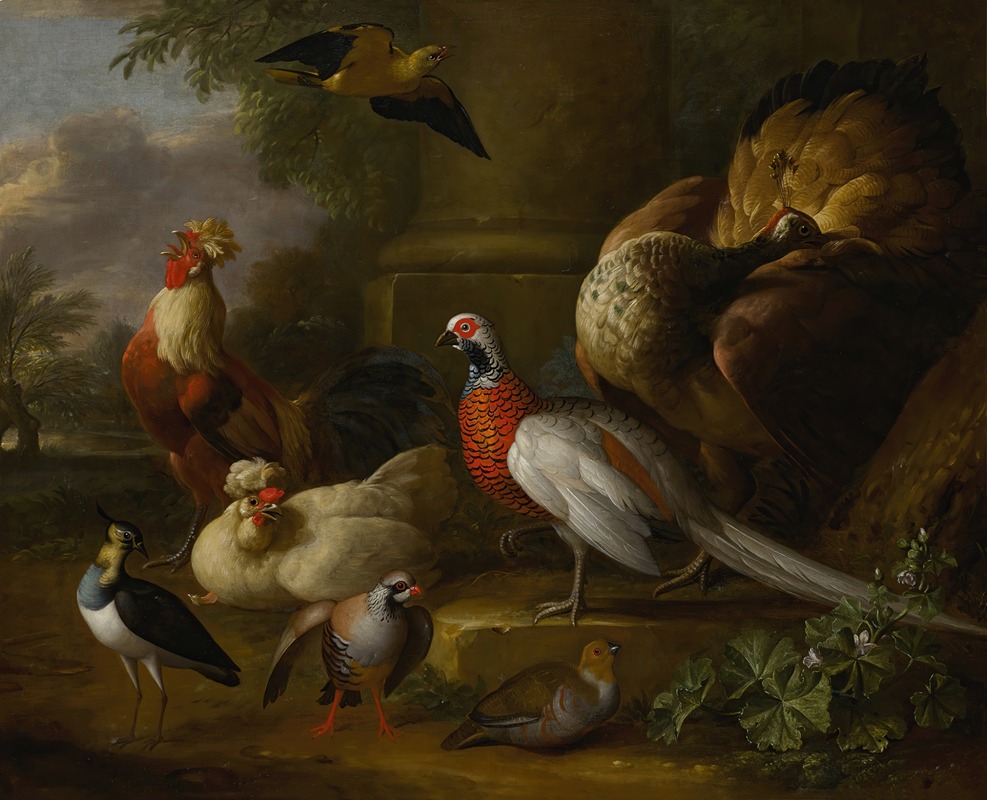 Peacock, pheasant, chickens, partridges and a lapwing in a landscape — Tobias Stranover