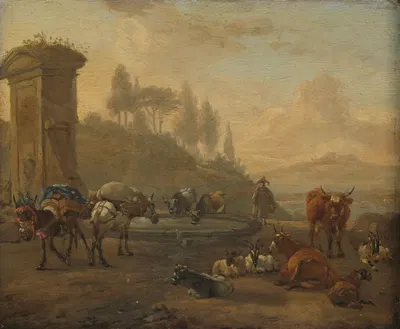 Livestock by a Fountain by Виллем Ромейн, 1650 - 1694 — digital art print download