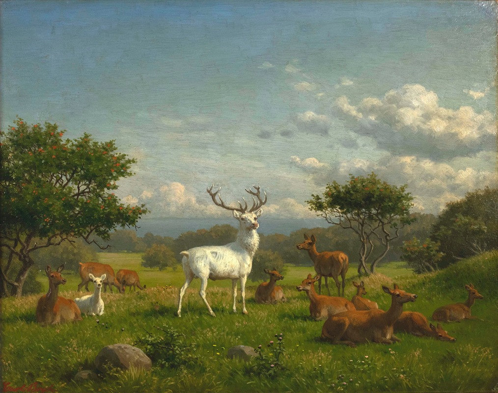 A white stag with its pack by Carl Bøgh — digital art print download
