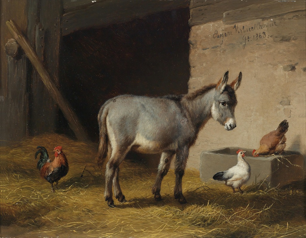 Esel und Hühner im Stall by Южен Жозеф Вербокховен, 1863 — digital art print download