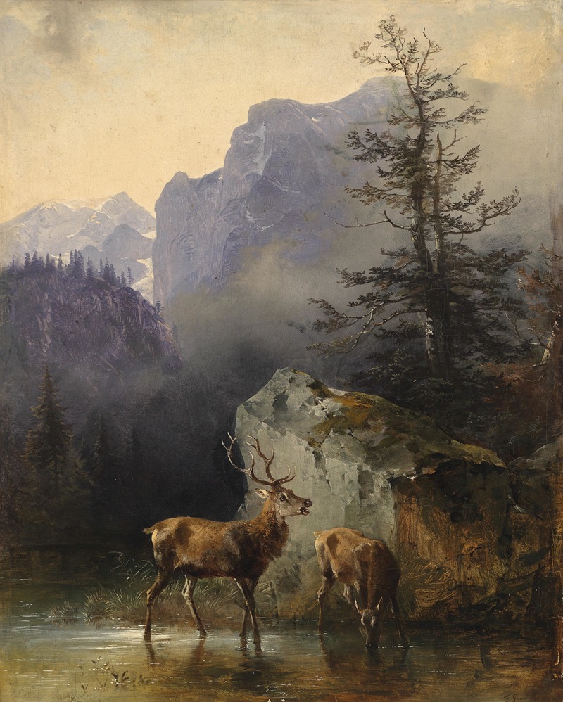 Hirsch und Tier an der Tränke by Friedrich August Matthias Gauermann — digital art print download