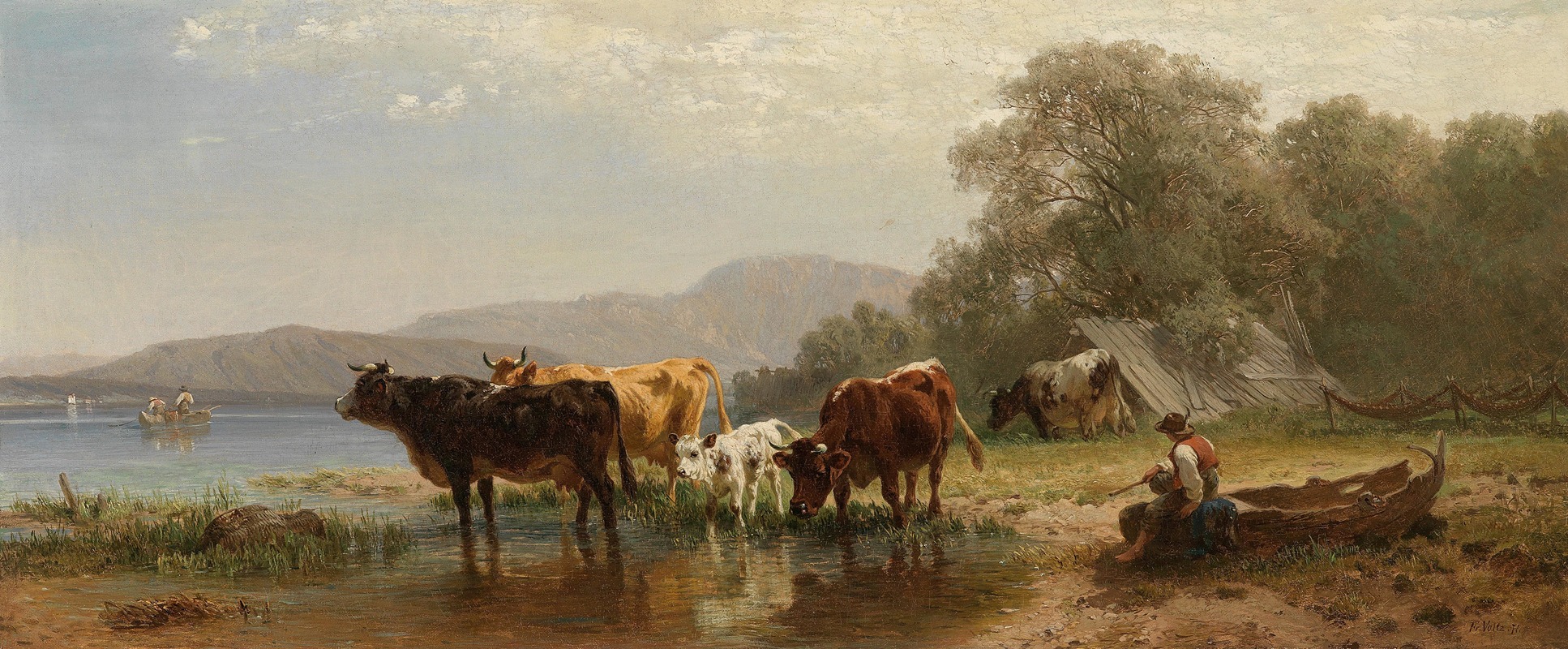 Kühe am Seeufer mit Fischerboot by Фридрих Вольц, 1871 — digital art print download
