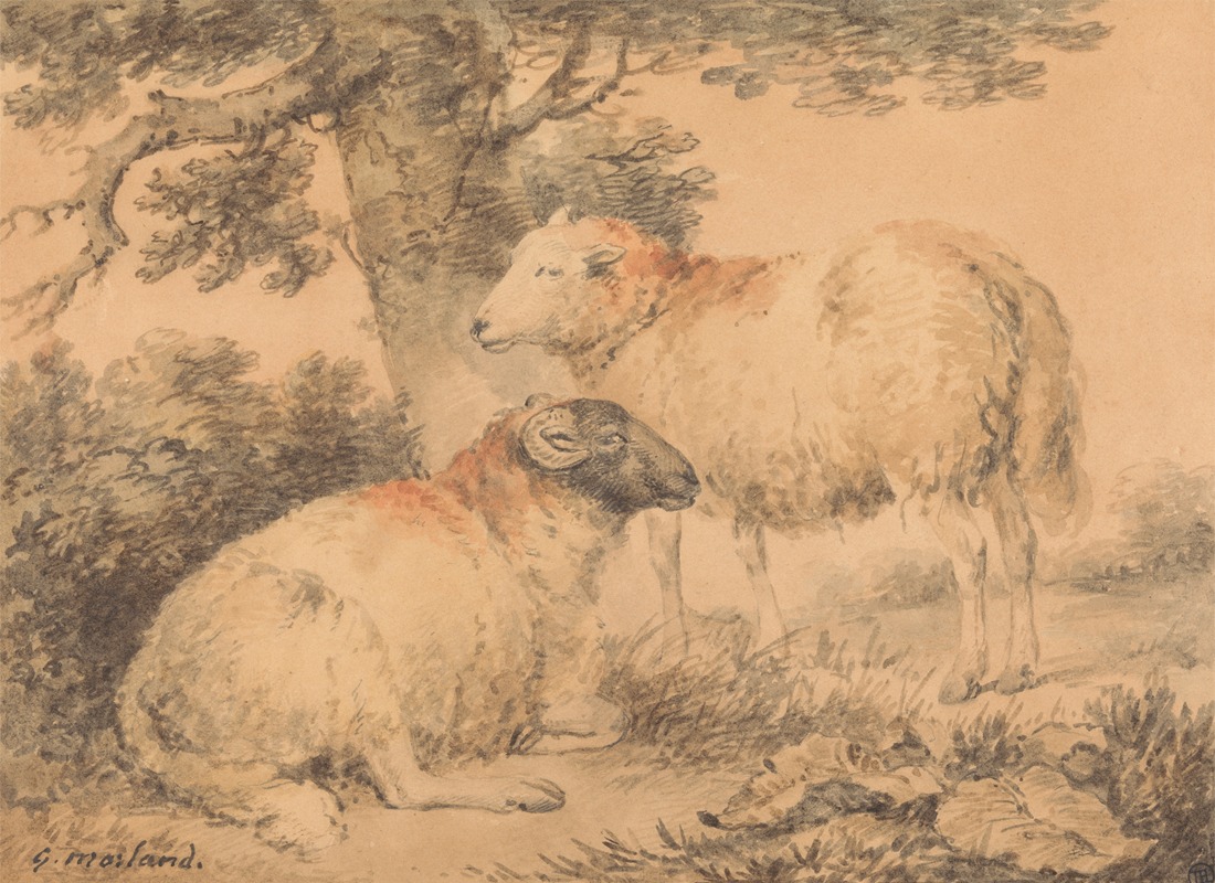 A Ram and Ewe in a Landscape by Джордж Морланд — digital art print download