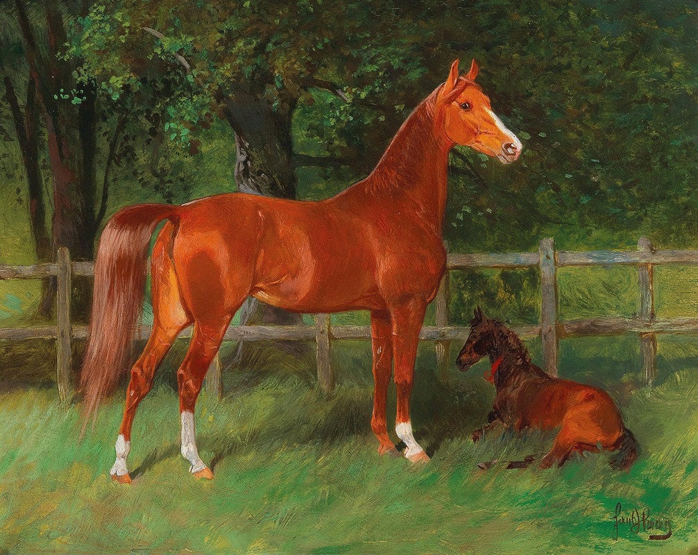 Chestnut with Foal in the Meadow — Ханс Хааг