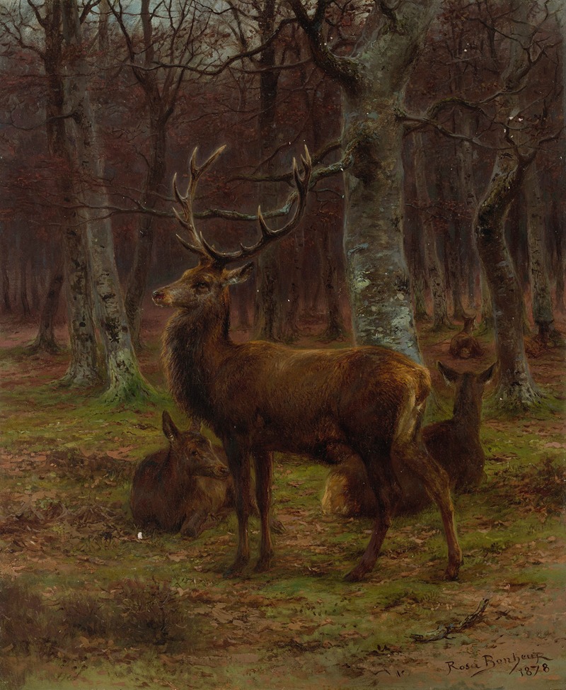 Cerf et biches dans la forêt, automne — Rosa Bonheur