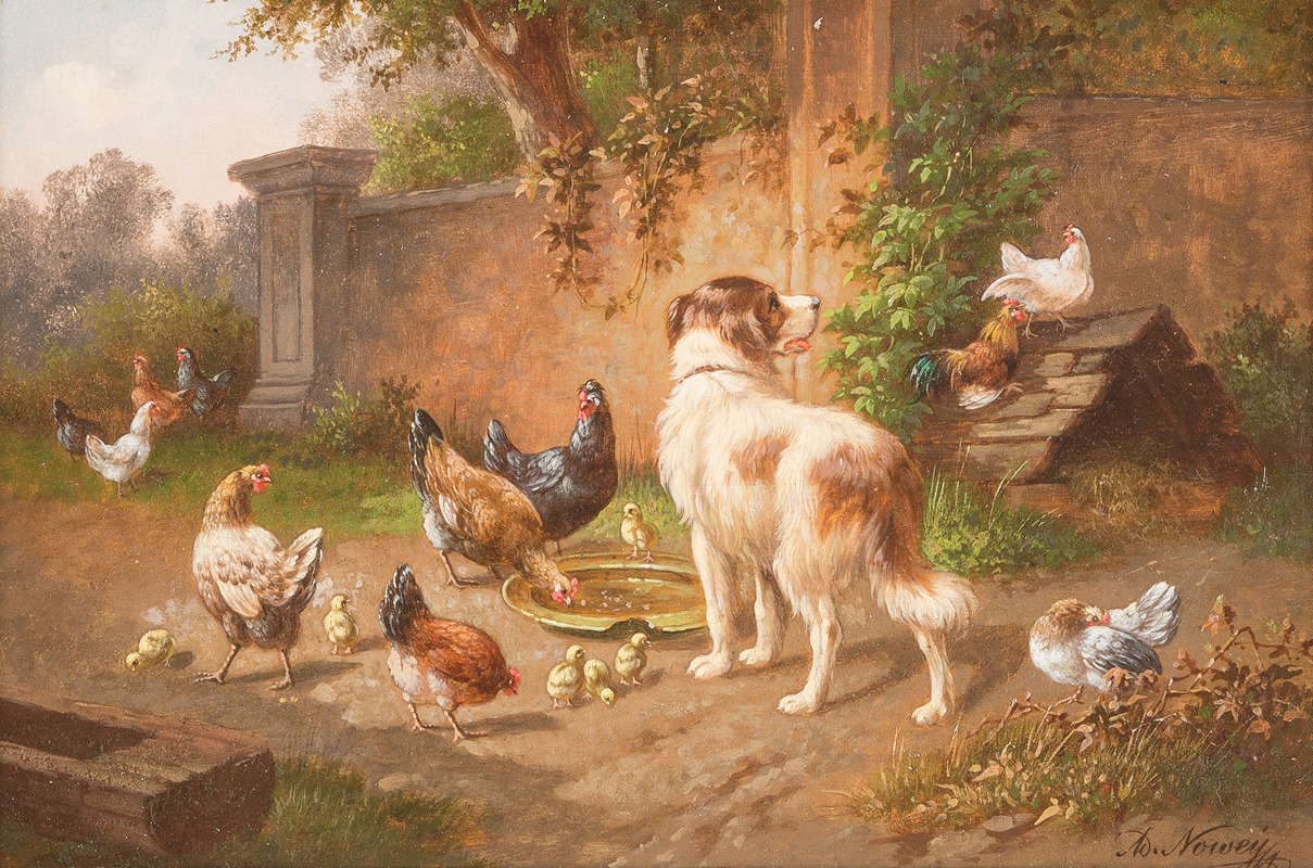 Dog among chicken by Adolf Nowey — digital art print download