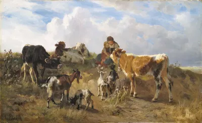 Hirtenidyll auf sommerlicher Weide mit Kühen und Ziegen by Anton Braith — digital art print download