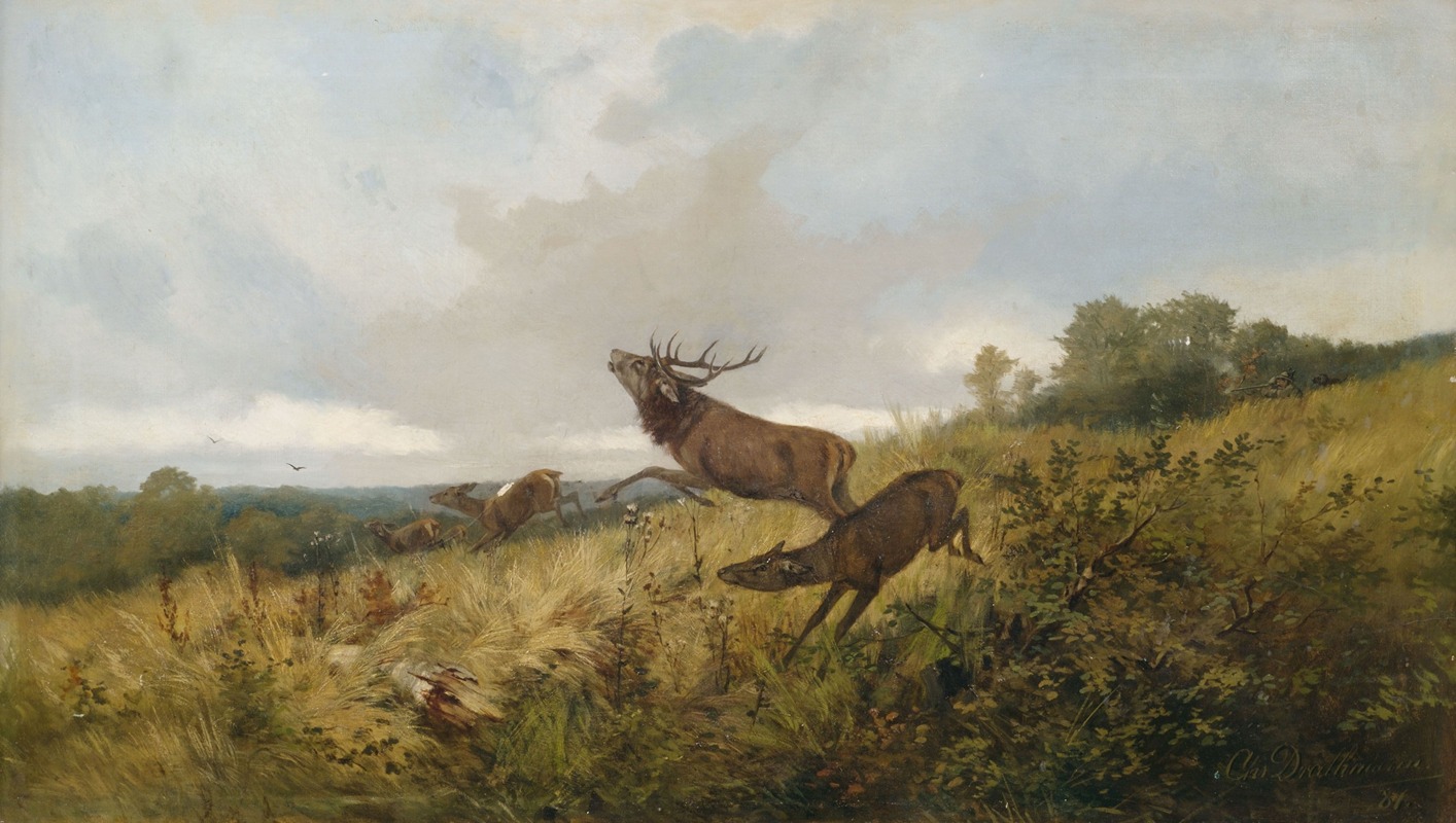 Rotwild in herbstlicher Landschaft by Christoffer Drathmann, 1881 — digital art print download