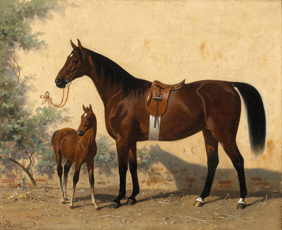 A Bay Horse with Foal by Эмиль Волькерс — digital art print download