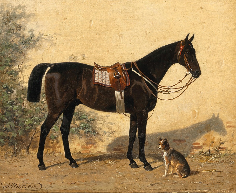 A Black Horse with a Dog by Эмиль Волькерс, 1885 — digital art print download