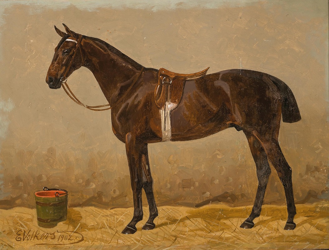A Saddled Bay Horse in a Stable — Emil Volkers