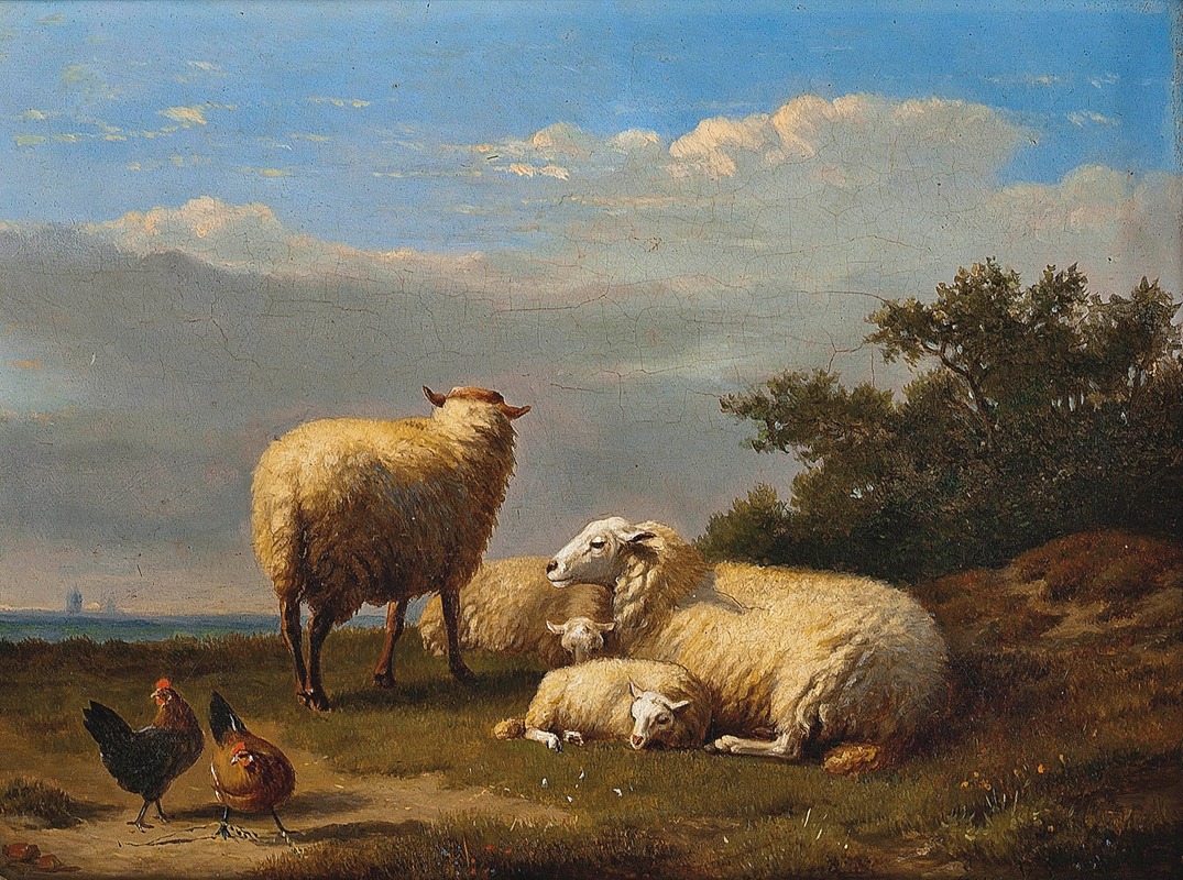 Sheep and poultry in pasture by Южен Жозеф Вербокховен, 1870 — digital art print download