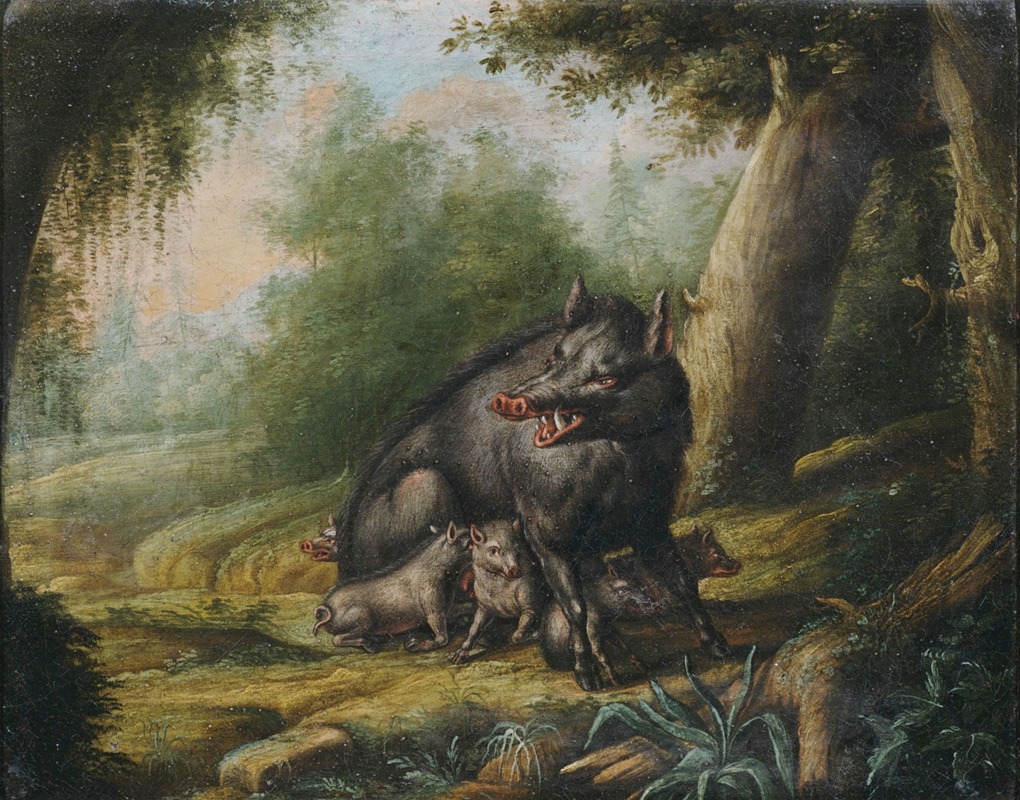 Eine Wildsau mit ihren Jungen. Ein Bär wird von Bienen attackiert. — Georg Ernst Sandner