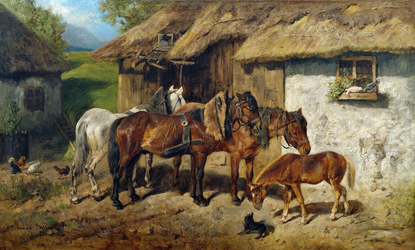 Angeschirrte Pferde am Stallgebäude by Hermine Biedermann-Arendts — digital art print download