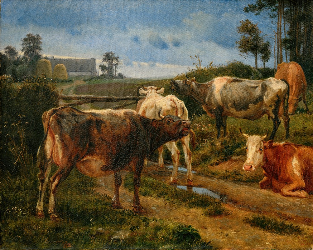 Bellowing cows by the fence gate by Йохан Томас Лундбю, 1847 — digital art print download
