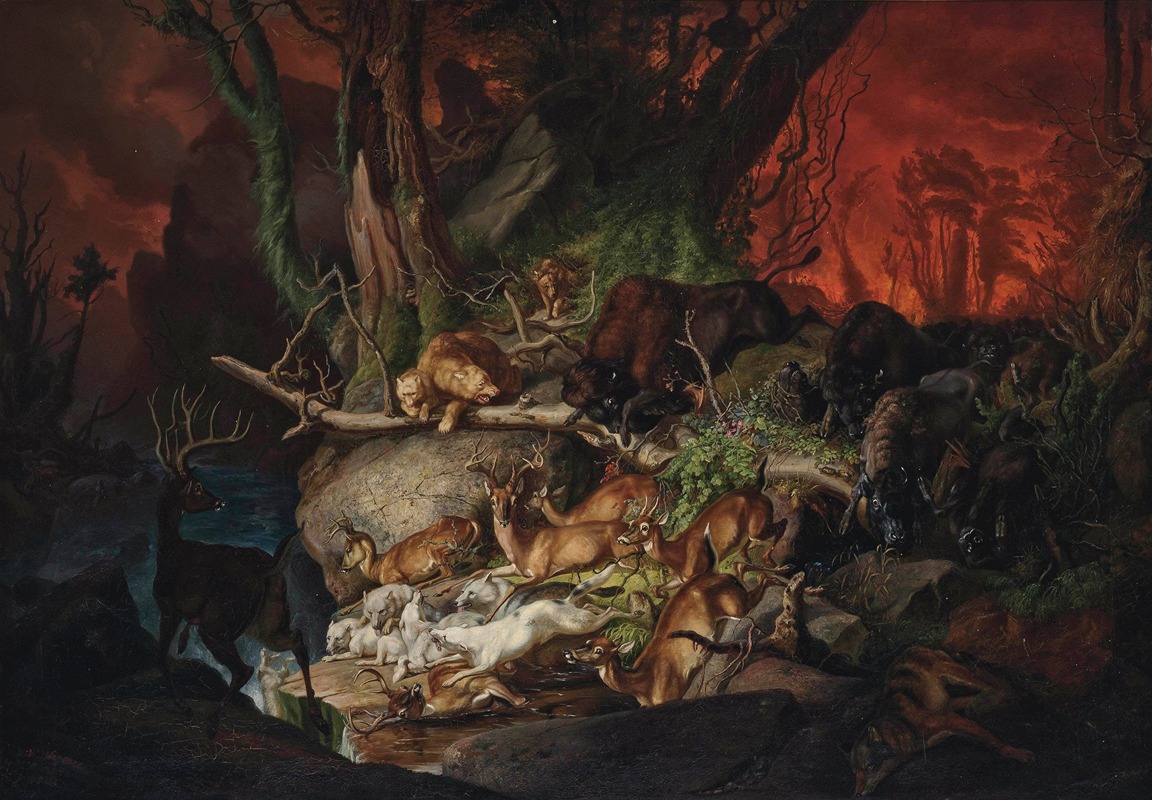 A forest fire, North America by Johann Friedrich Wilhelm Wegener, 1848 — digital art print download