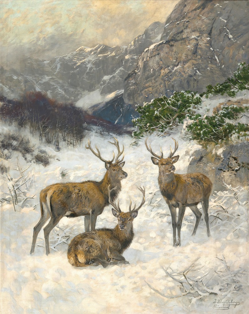 A Deer Herd in Winter by Йозеф Шмитцбергер — digital art print download
