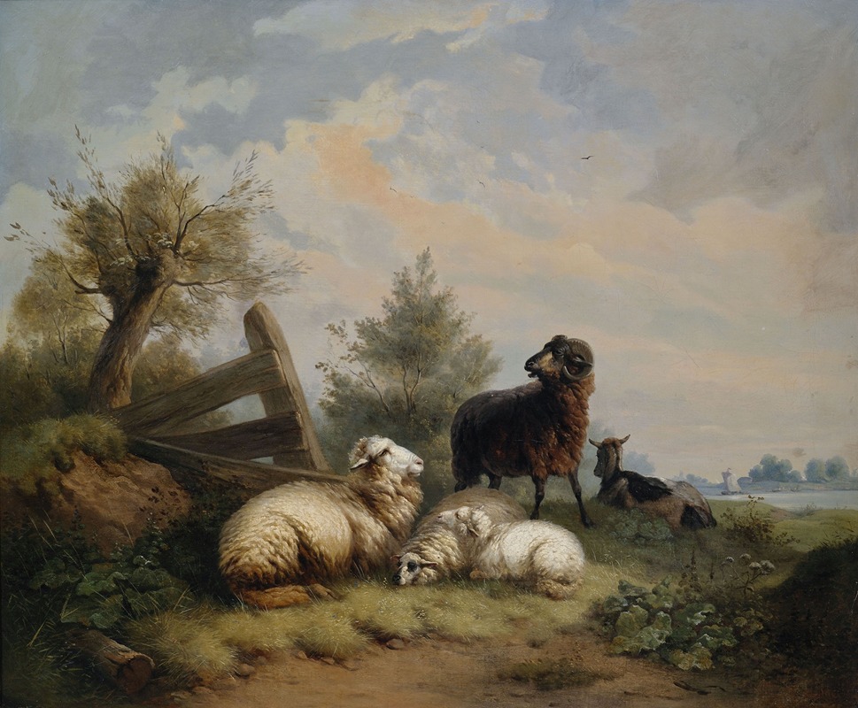 Schafe, Widder und Ziege am Gatter by Wilhelm Melchior — digital art print download
