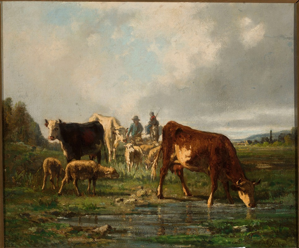 Cattle at the waterhole by Констант Труайон — digital art print download