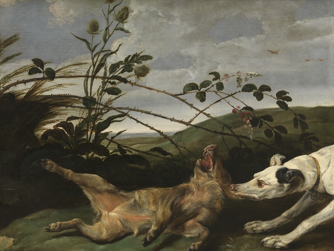 A Greyhound Catching a Young Wild Boar by Даниэль Шульц, 1620 — digital art print download