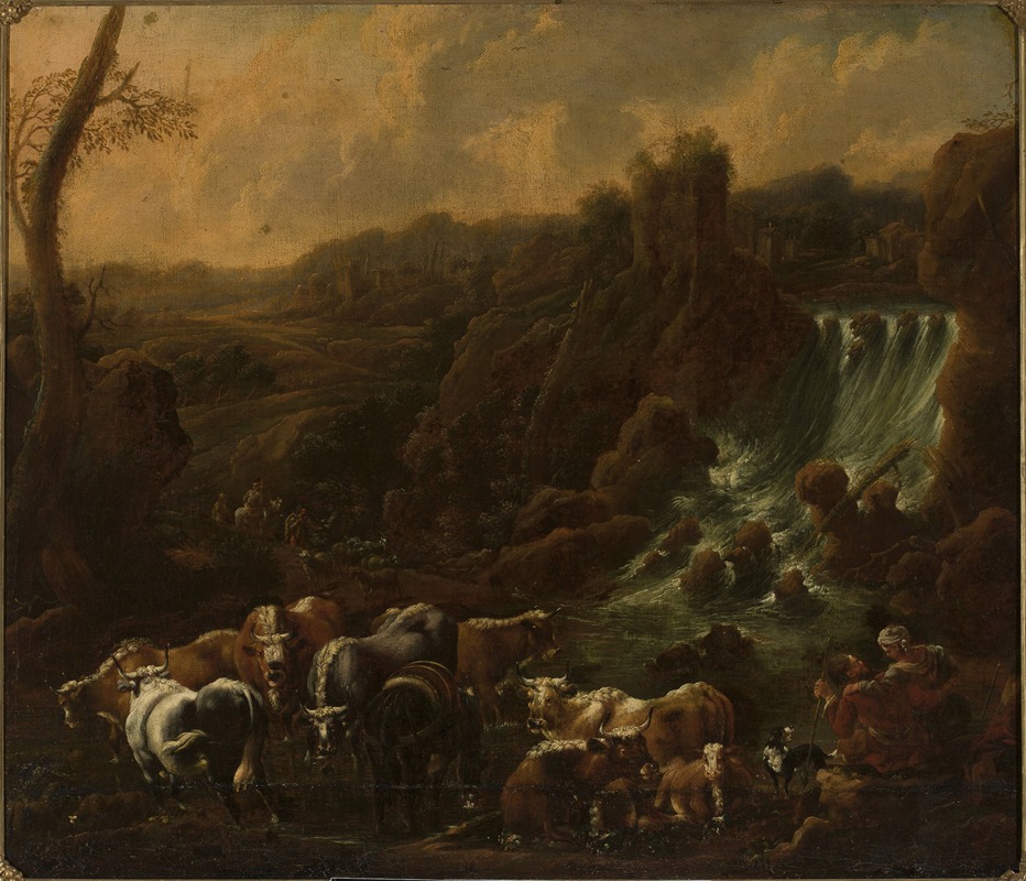 Cattle at the waterfall by Филипп Петер Рус — digital art print download