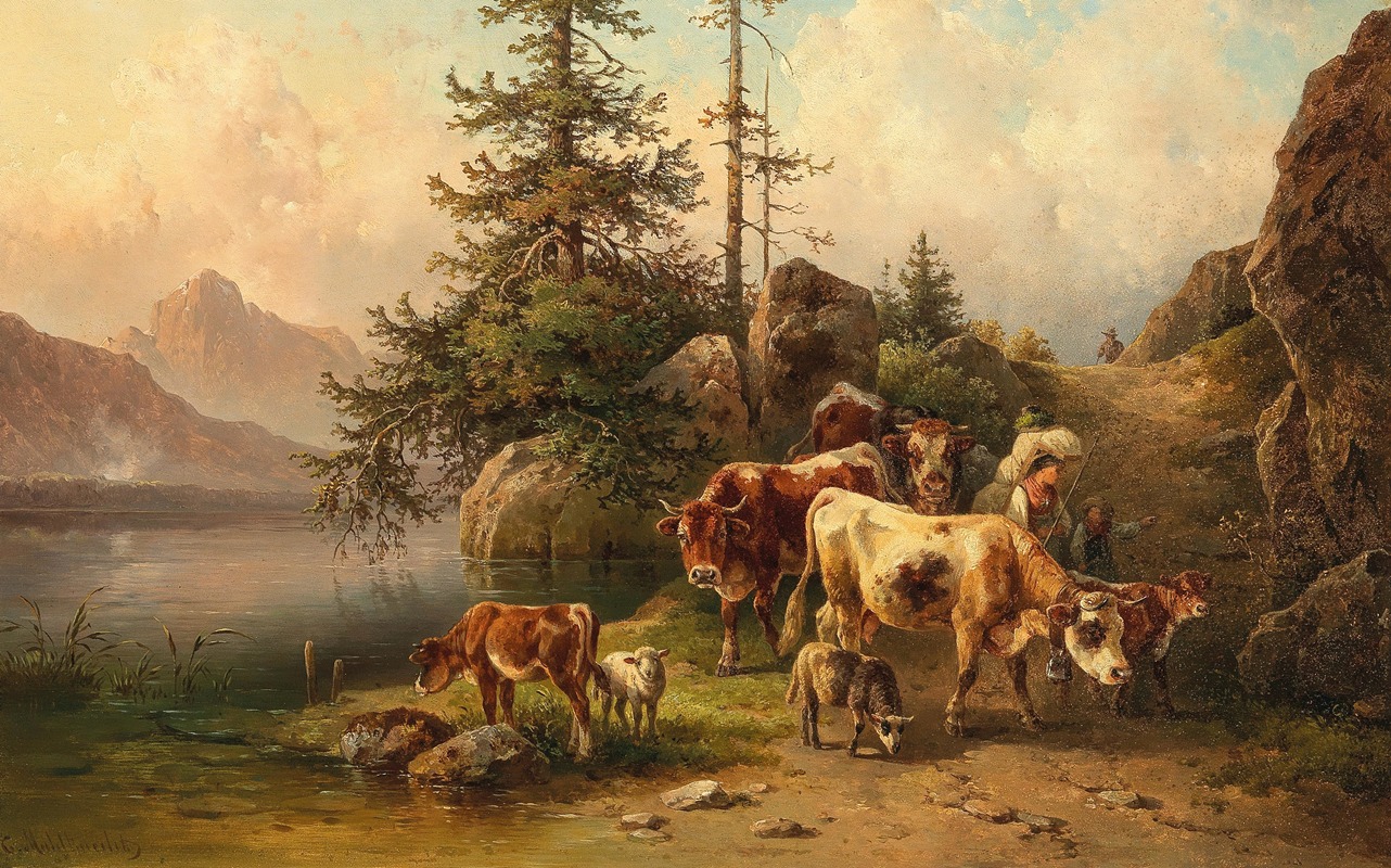 Grazing Cattle on the Lakeside by Эдмунд Малькнехт — digital art print download