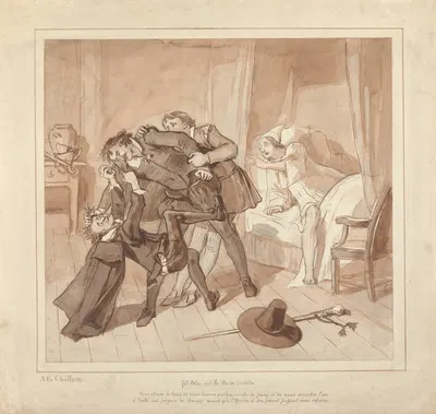 Gil Blas, While Practising Medicine under Dr. Sangrado, Encounters Dr. Cuchillo at the Bedside of the Grocer by Альфред…