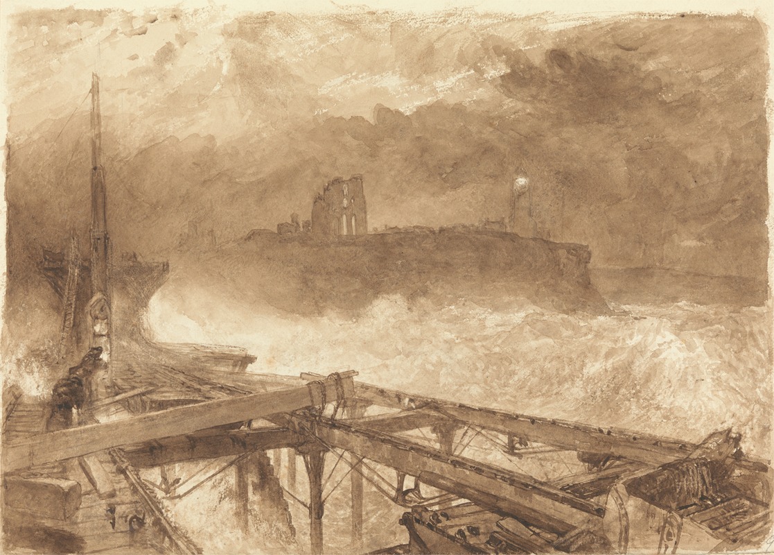 Study for Tynemouth Pier – Lighting the Lamps at Sundown — Alfred William Hunt