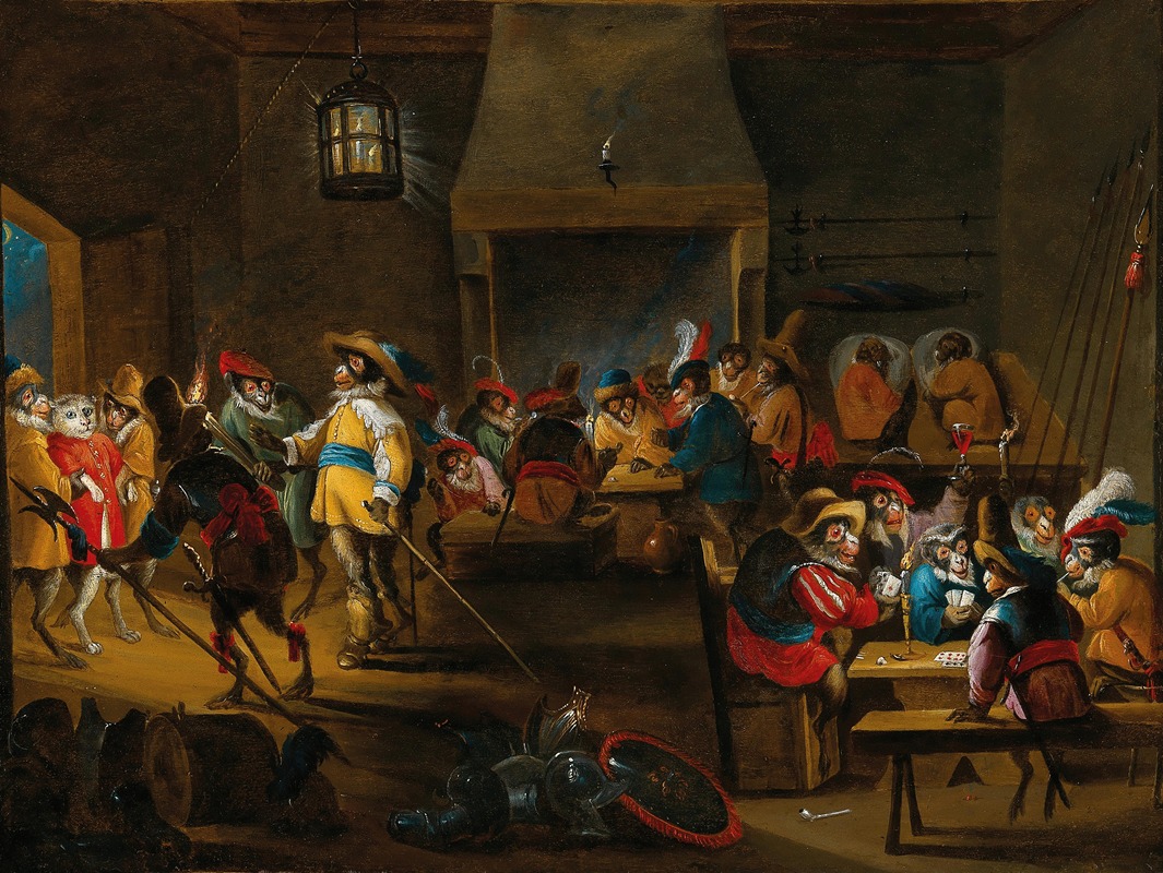 Monkeys in a guardroom interior by Абрахам Теньерс — digital art print download