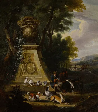 Hunting scene in a wooded park land with a pair of hunters and their hounds beside a sculptural plinth by Adriaen de Gryef…