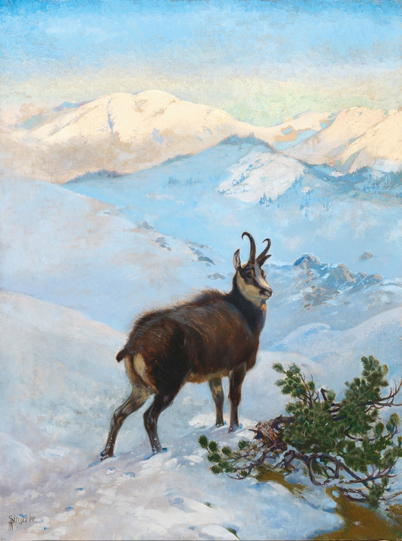 A Chamois in the Mountains by Albert Singer, 1916 — digital art print download