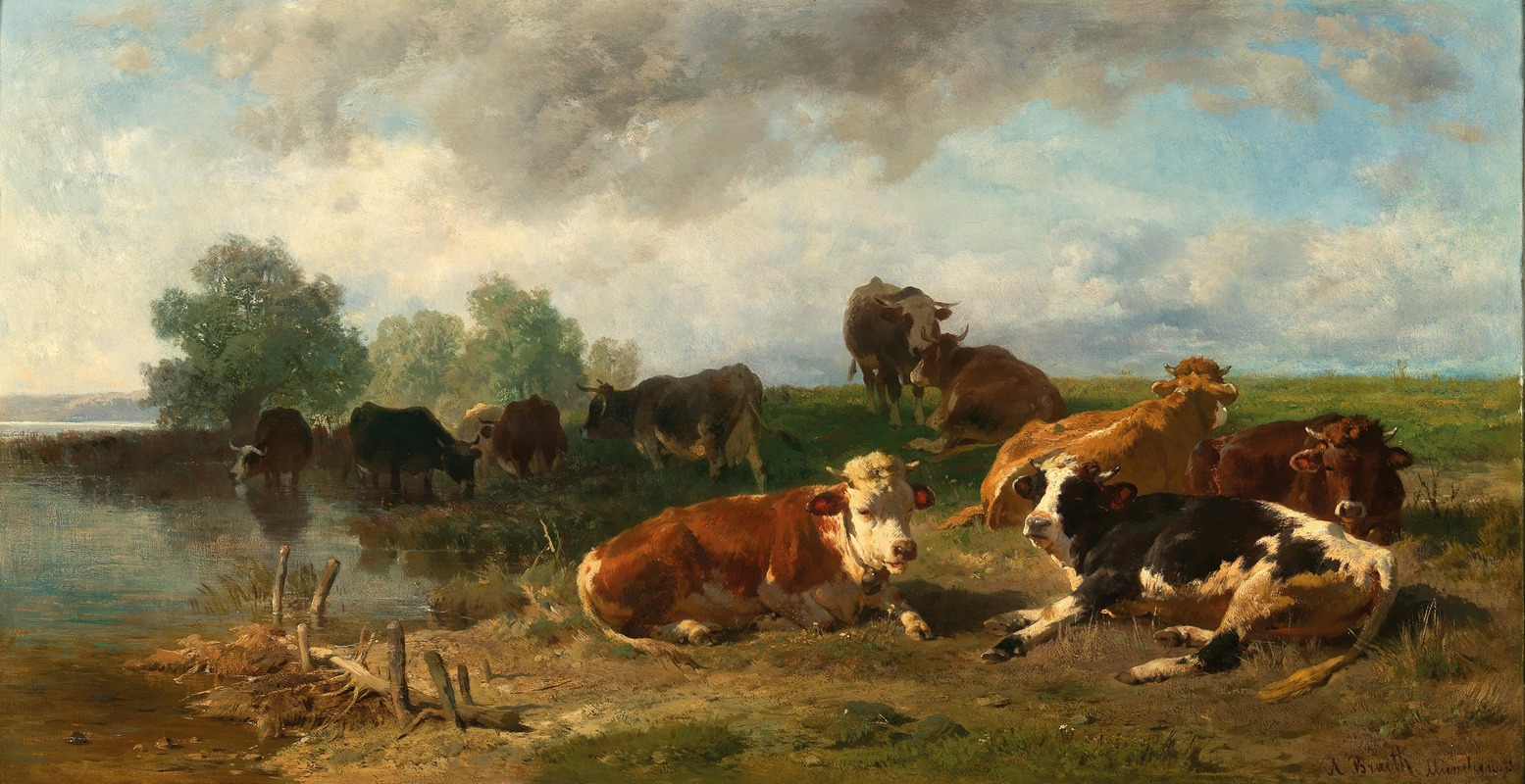 Cattle Resting on the Lakeside by Антон Брайт, 1873 — digital art print download