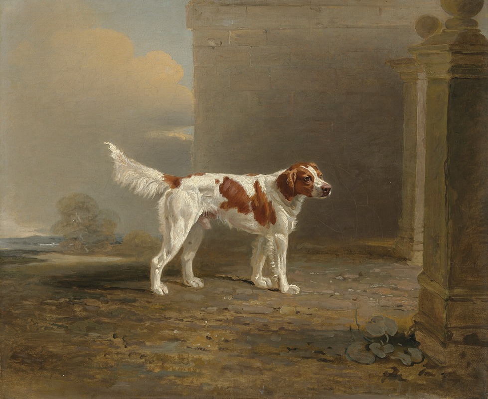 A white setter in a landscape by a gateway by Ben Marshall, 1802 — digital art print download