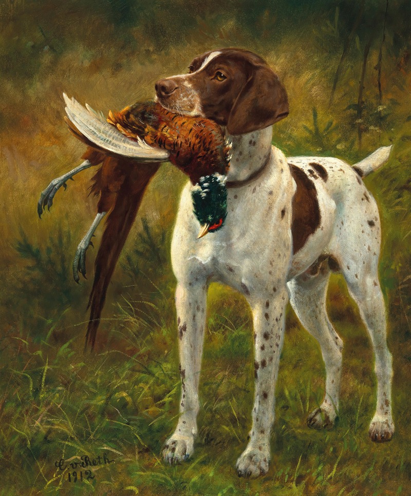 A Hunting Dog with a Pheasant by Caspar von Reth, 1912 — digital art print download