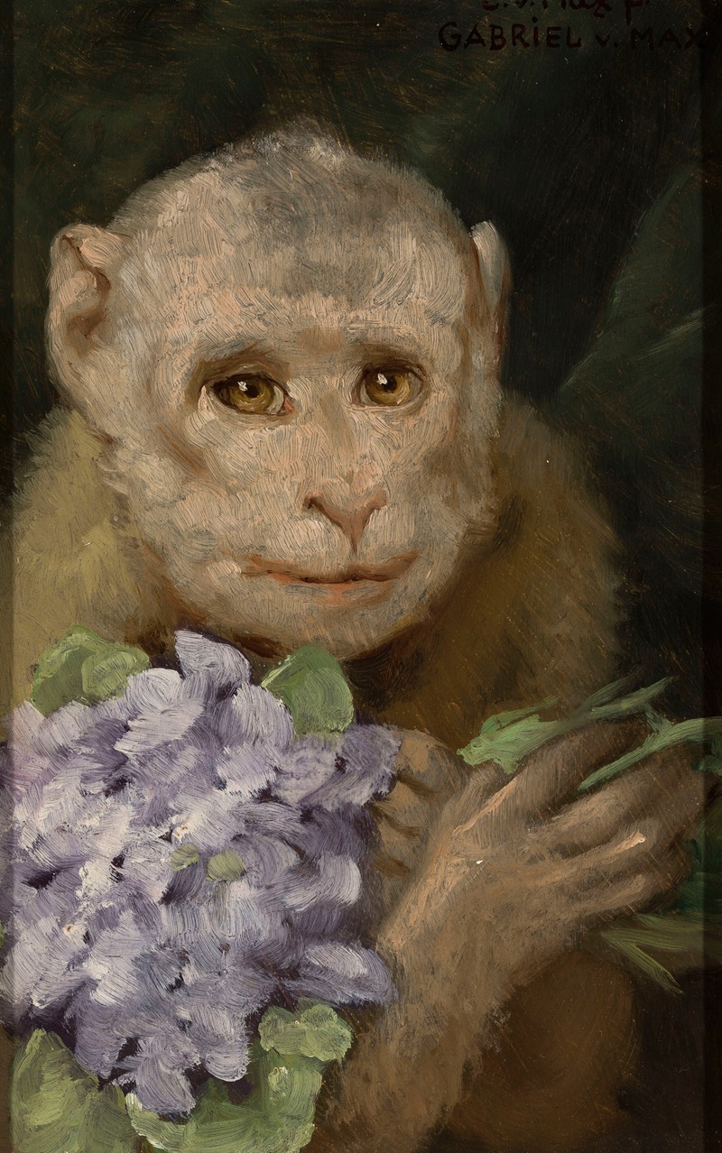 Monkey with a bouquet of violets — Gabriel von Max