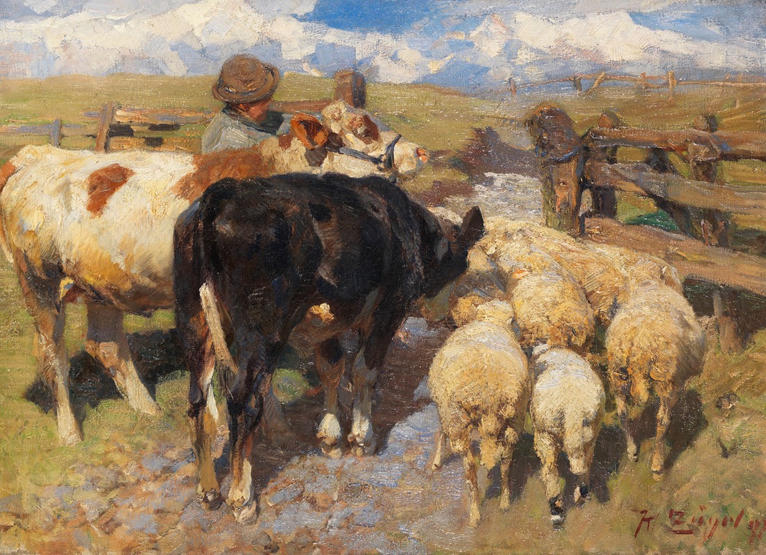 Kühe und Schafe am Gatter by Генрих фон Цюгель, 1897 — digital art print download