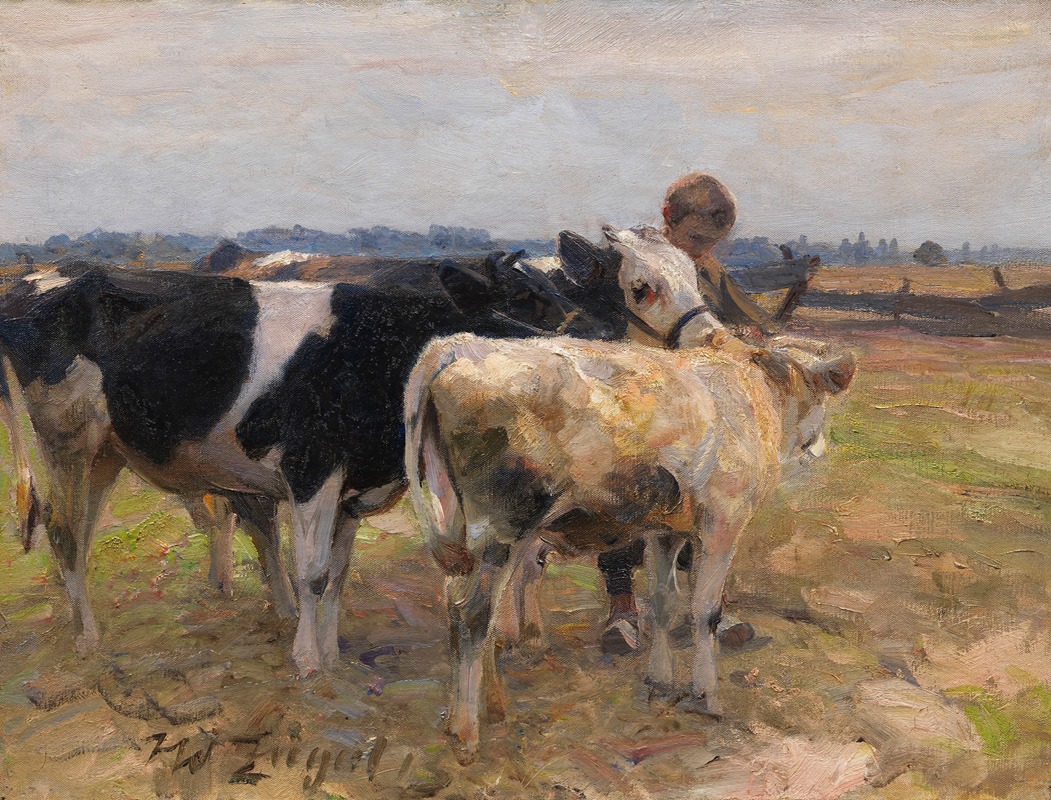 Hirte mit drei Jungrindern by Генрих фон Цюгель, 1913 — digital art print download