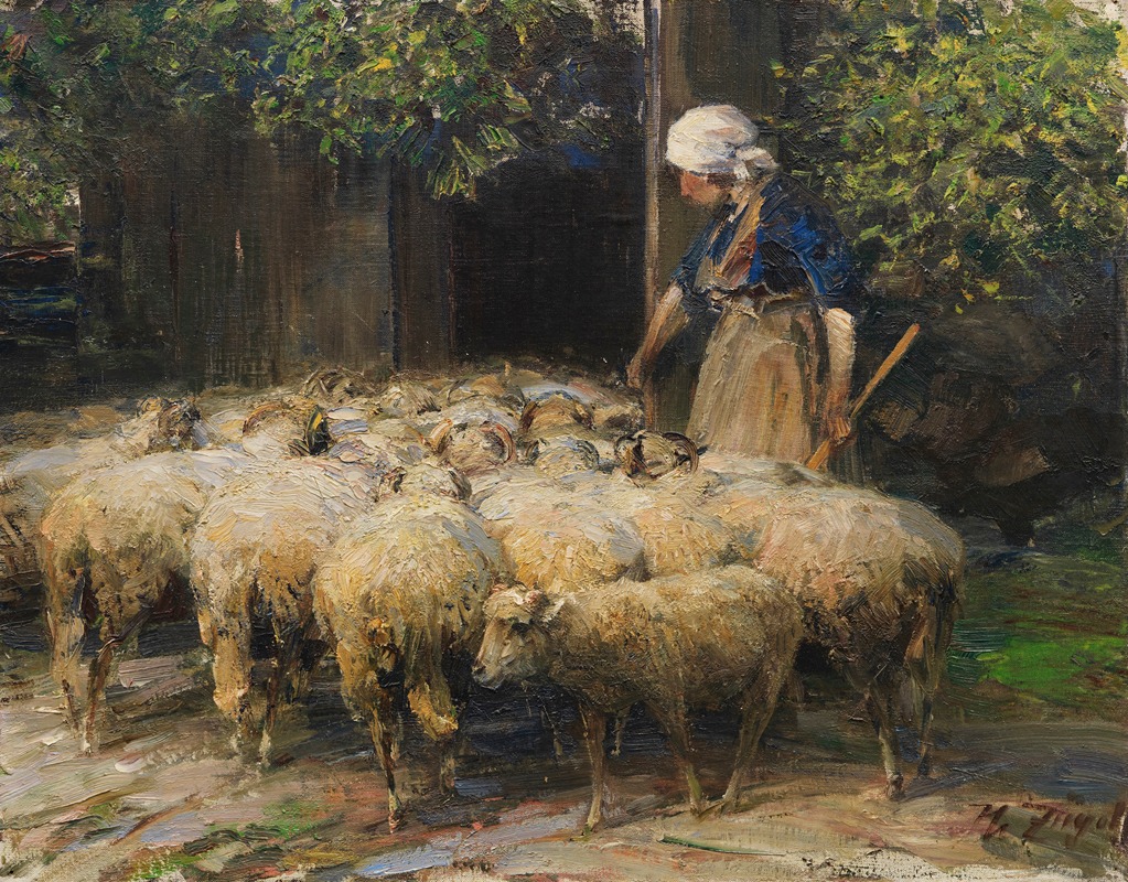 Schäferin mit Schafherde am Stall by Генрих фон Цюгель — digital art print download