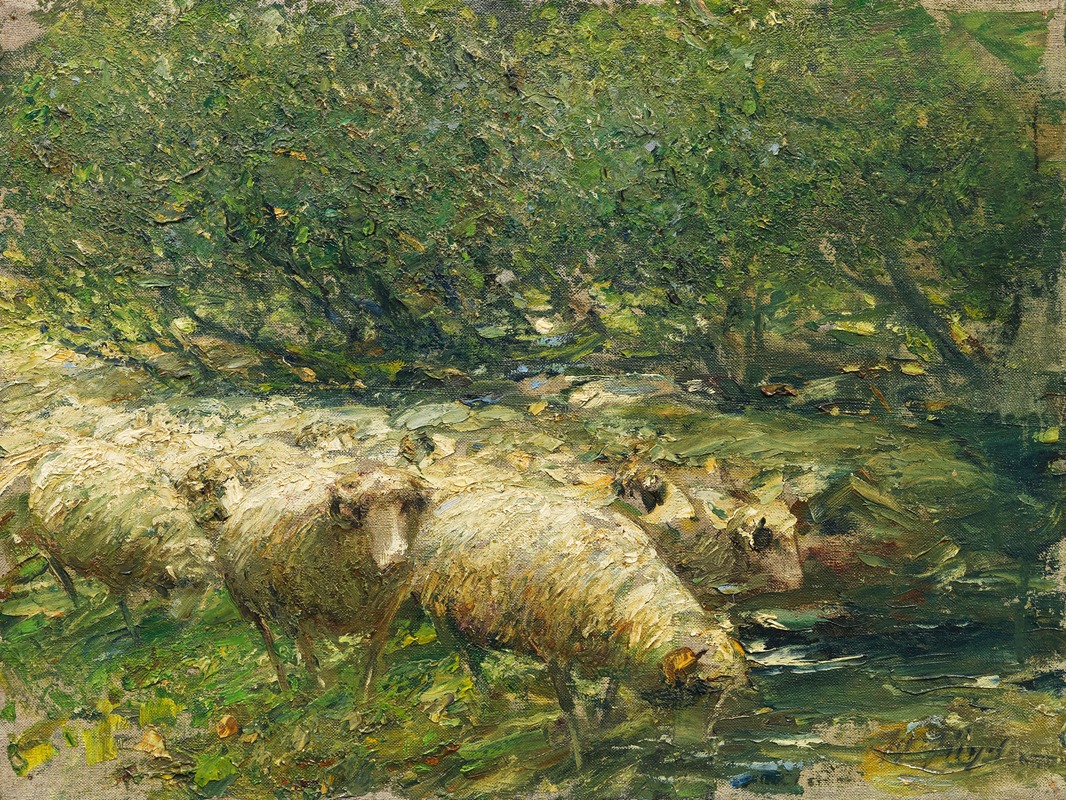 Schafherde am Bach im Baumschatten by Генрих фон Цюгель, 1897 — digital art print download