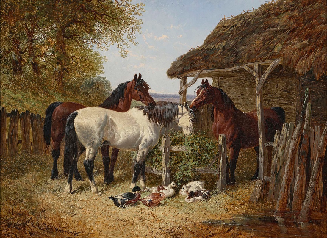 Horses and ducks in a farmyard — John Frederick Herring Jr.