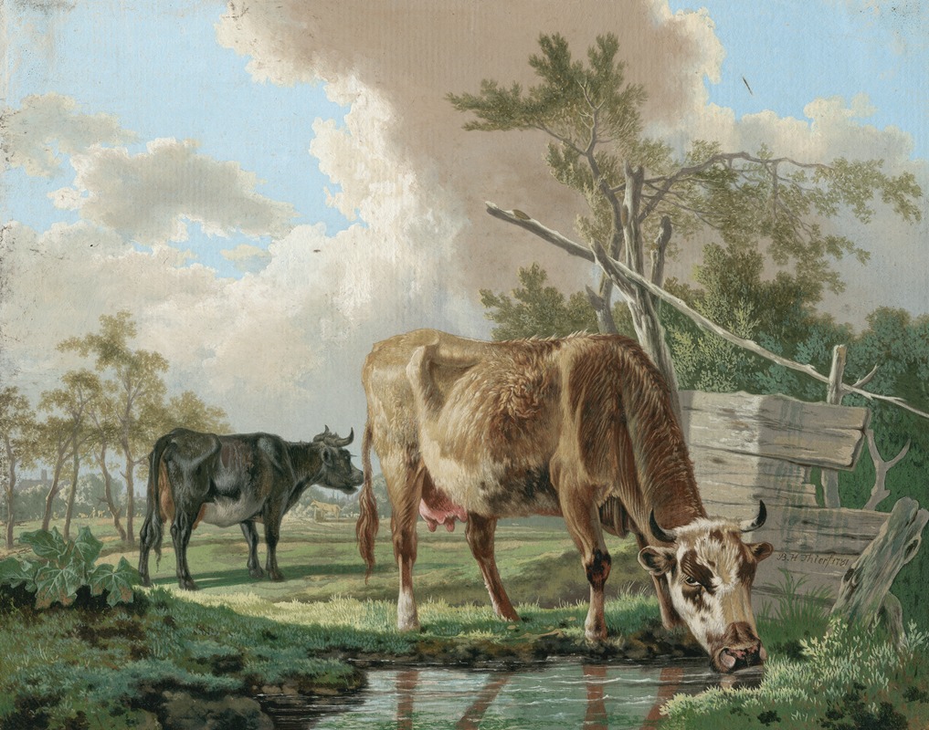 Two cows near a pond by Баренд Хендрик Тир — digital art print download