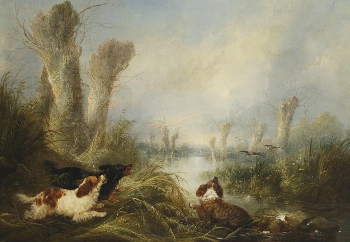 Three Spaniels in a Marsh by George Armfield, 1865 — digital art print download