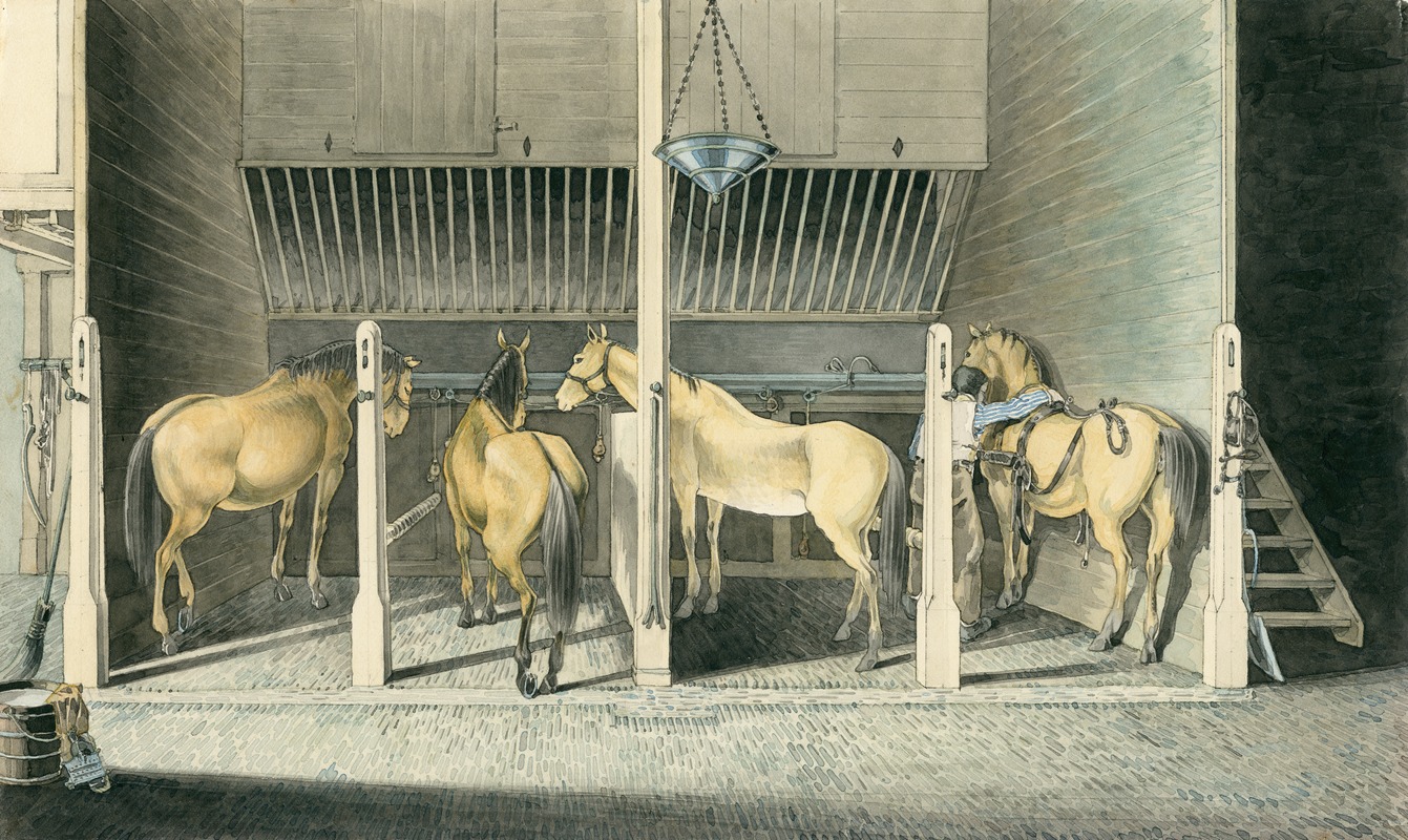 Vier paarden in stalboxen, Scharreweide — Pieter van Loon