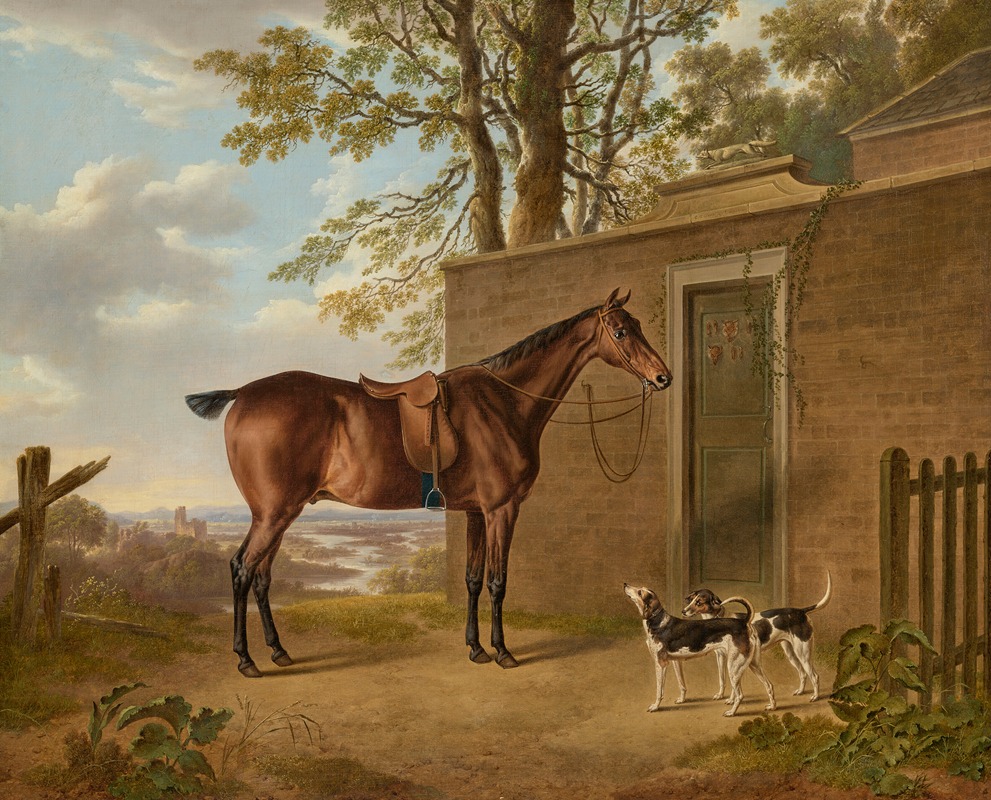 A saddled bay hunter with two hounds outside a stable — Charles Towne