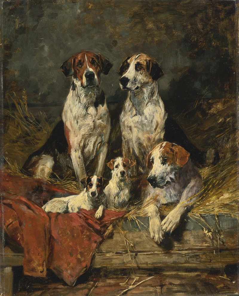 Four Foxhounds and a Terrier by Джон Эмс — digital art print download