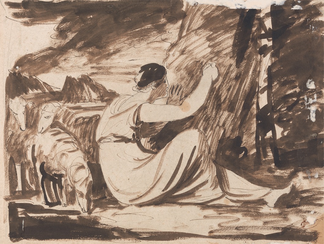 Shepherdess Cutting an Inscription on a Tree by Джордж Ромни — digital art print download