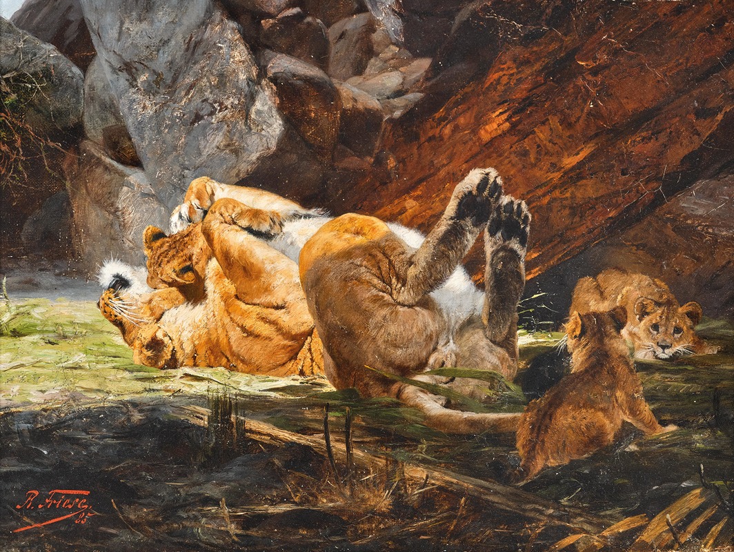 A lioness with playing cubs by Richard Friese, 1885 — digital art print download