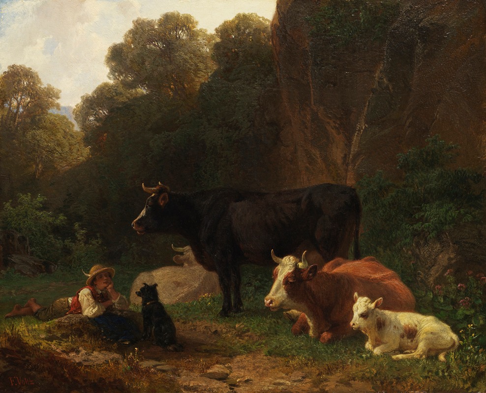Hirtebub mit Kühen an Felsenwand — Friedrich Voltz